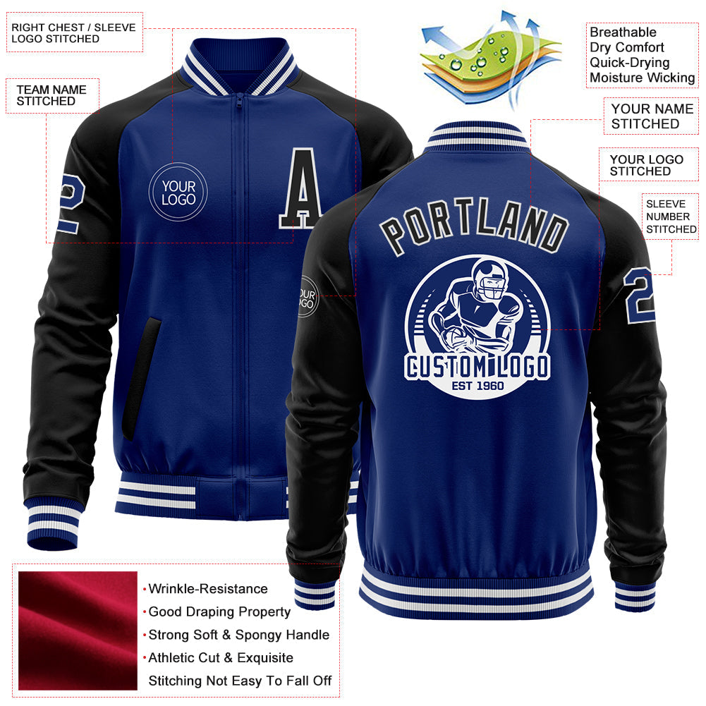 Custom Royal Black-White Bomber Varsity Letterman Two Tone Zipper Jacket view 4