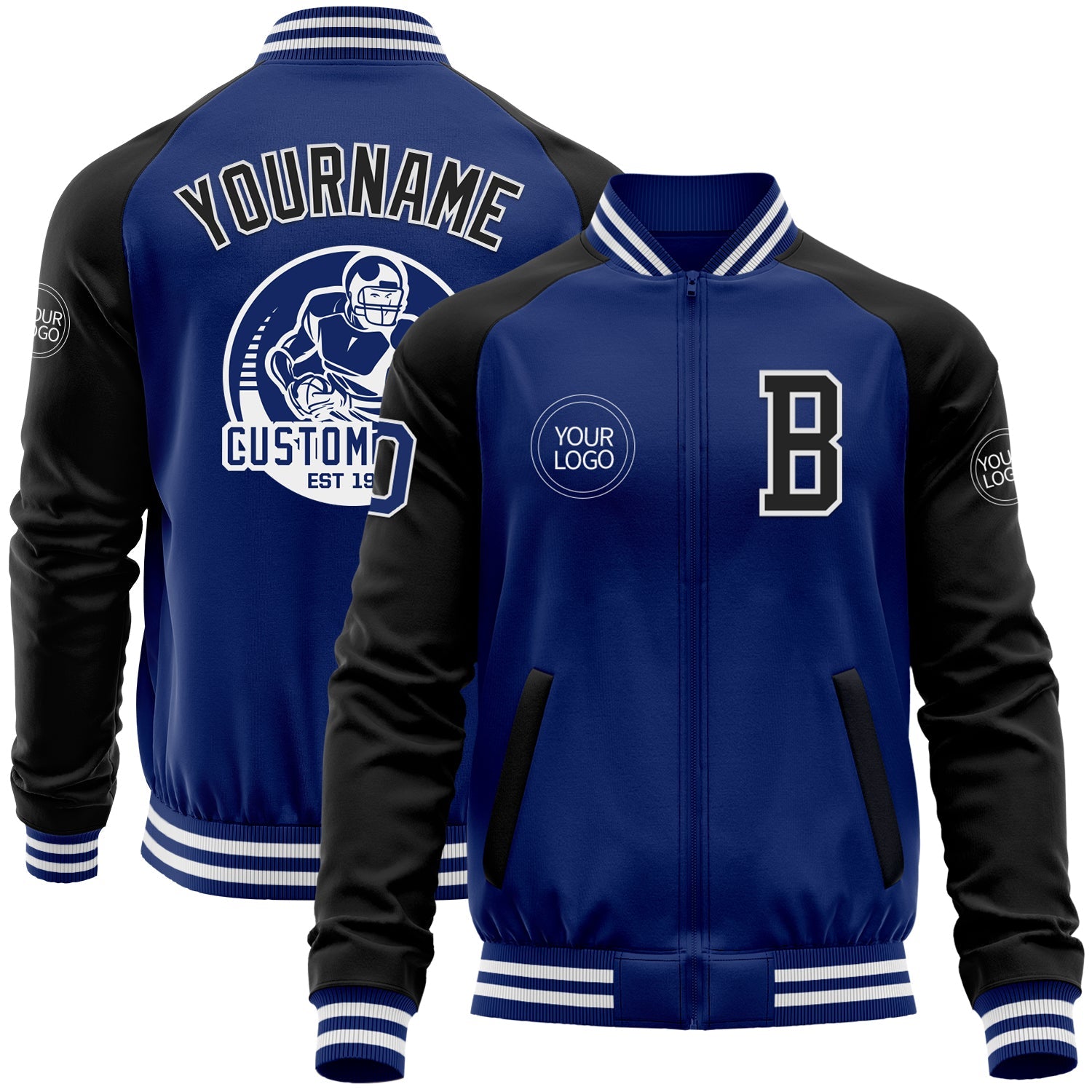 Custom Royal Black-White Bomber Varsity Letterman Two Tone Zipper Jacket - Main View