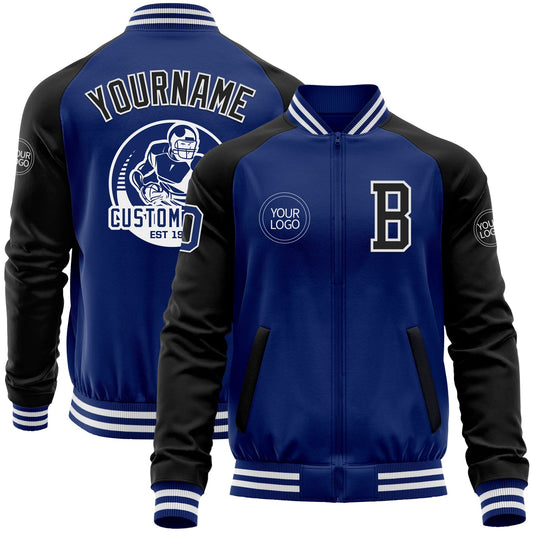Custom Royal Black-White Bomber Varsity Letterman Two Tone Zipper Jacket - Main View
