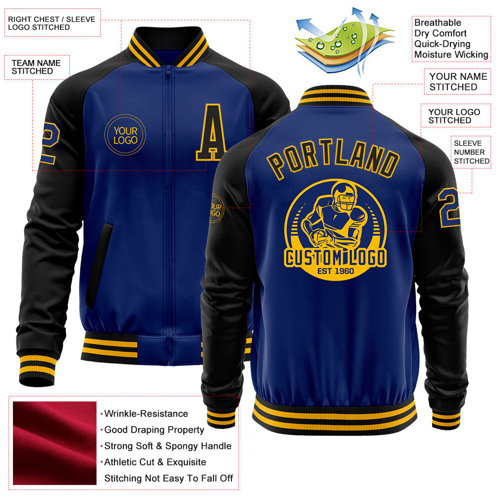 Custom Royal Black-Gold Bomber Varsity Letterman Two Tone Zipper Jacket view 4