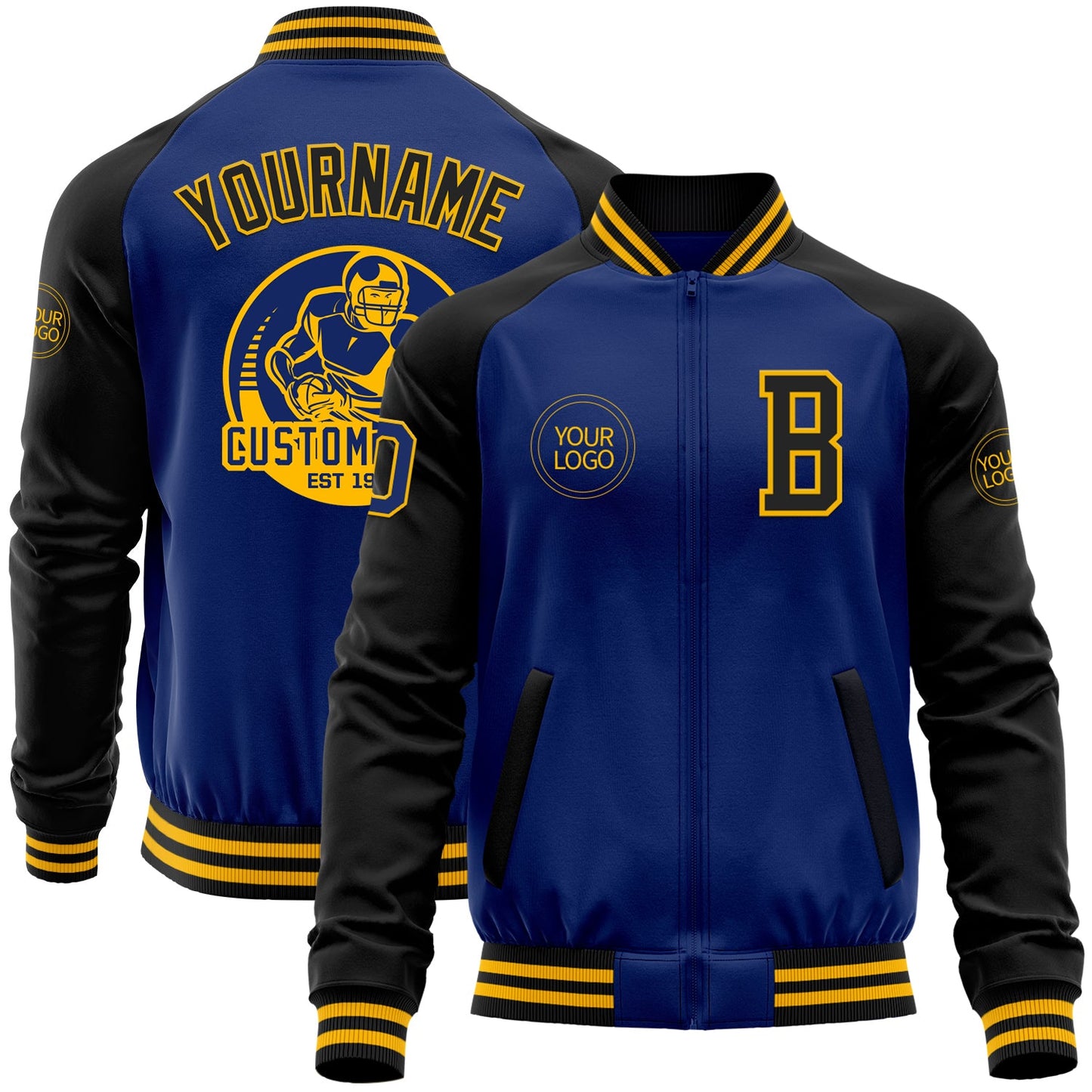Custom Royal Black-Gold Bomber Varsity Letterman Two Tone Zipper Jacket - Main View