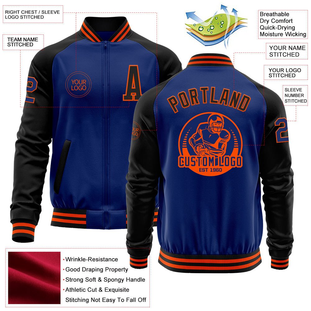 Custom Royal Black-Orange Bomber Varsity Letterman Two Tone Zipper Jacket view 4