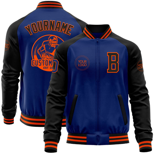 Custom Royal Black-Orange Bomber Varsity Letterman Two Tone Zipper Jacket - Main View