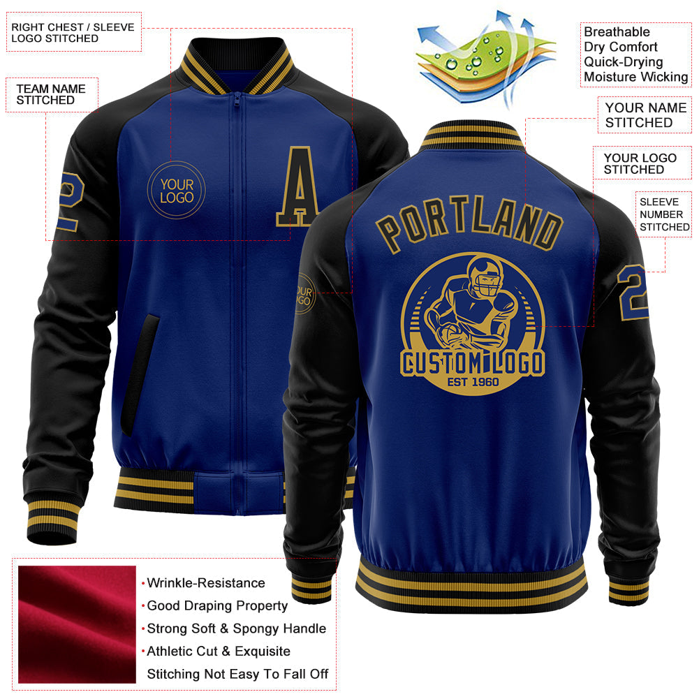 Custom Royal Black-Old Gold Bomber Varsity Letterman Two Tone Zipper Jacket view 4