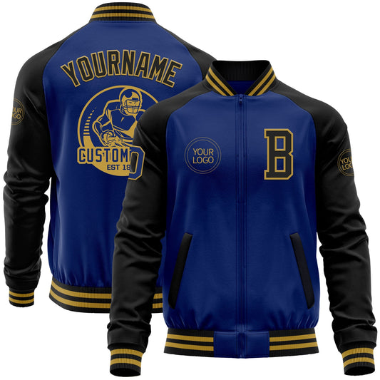 Custom Royal Black-Old Gold Bomber Varsity Letterman Two Tone Zipper Jacket - Main View