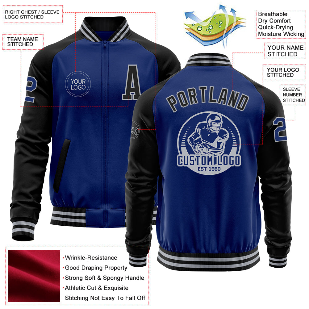 Custom Royal Black-Gray Bomber Varsity Letterman Two Tone Zipper Jacket view 4