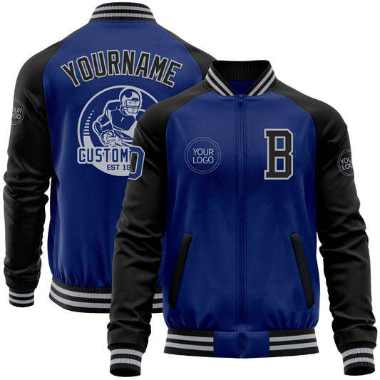 Custom Royal Black-Gray Bomber Varsity Letterman Two Tone Zipper Jacket - Main View