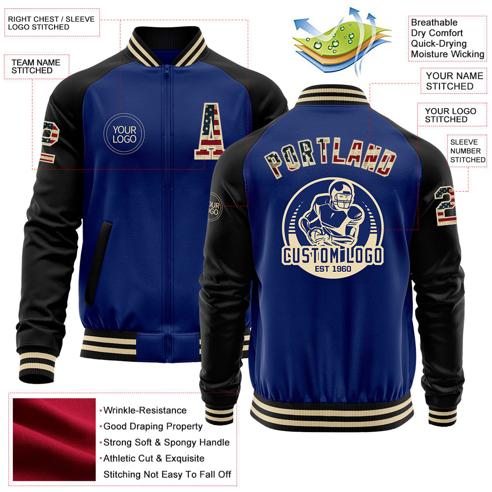 Custom Royal Vintage USA Flag Cream-Black Bomber Varsity Letterman Two Tone Zipper Jacket view 4