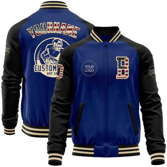 Custom Royal Vintage USA Flag Cream-Black Bomber Varsity Letterman Two Tone Zipper Jacket - Main View