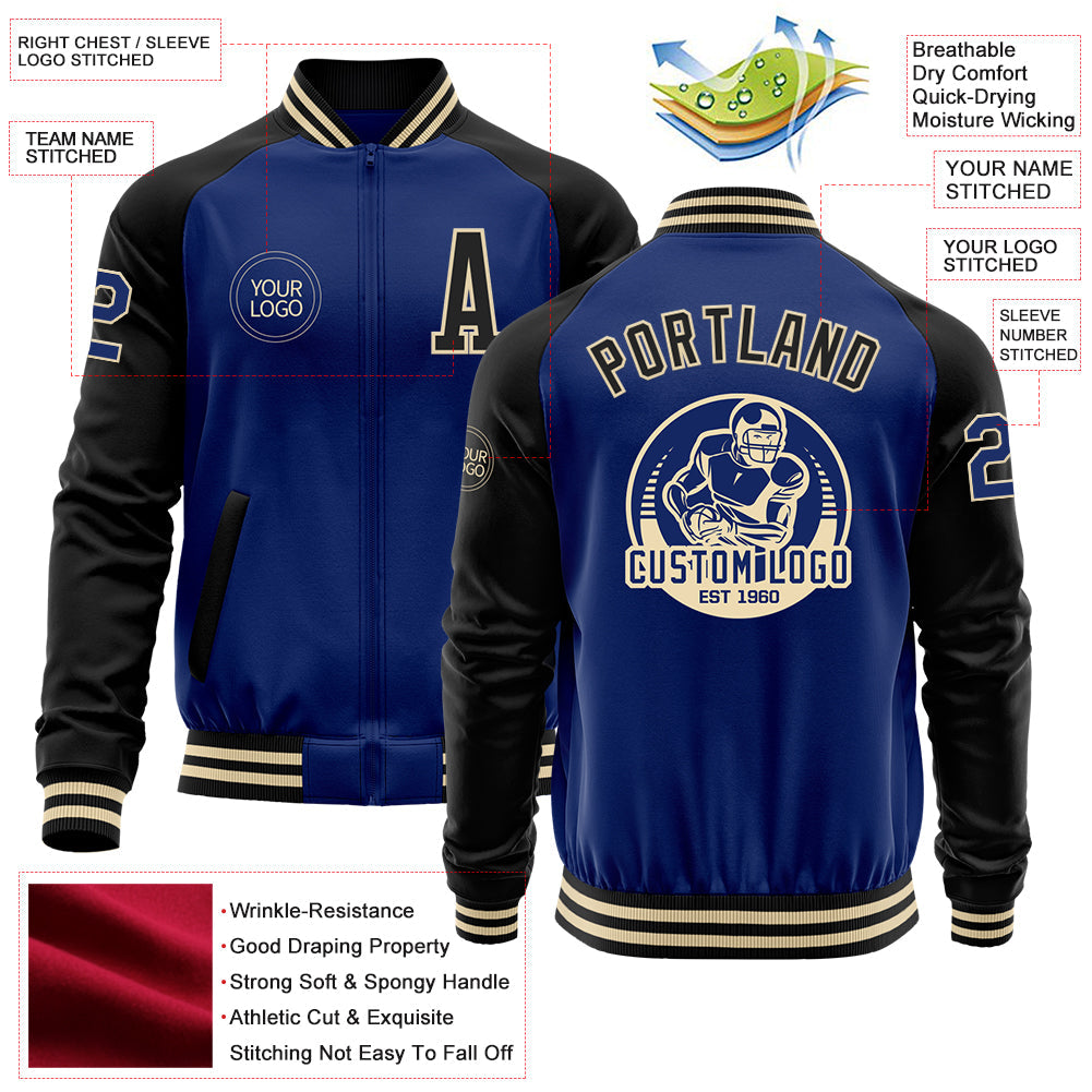 Custom Royal Black-Cream Bomber Varsity Letterman Two Tone Zipper Jacket view 4