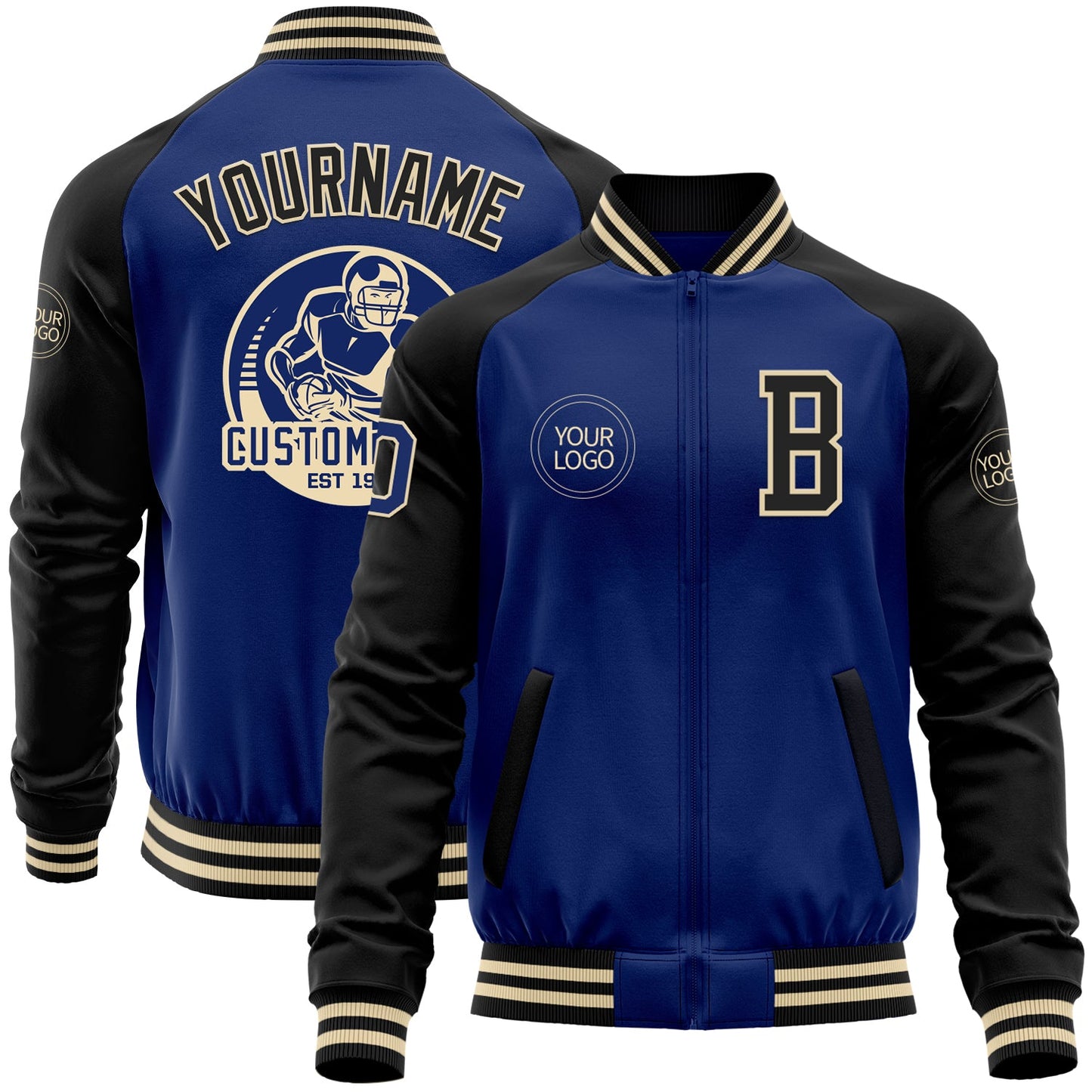 Custom Royal Black-Cream Bomber Varsity Letterman Two Tone Zipper Jacket - Main View