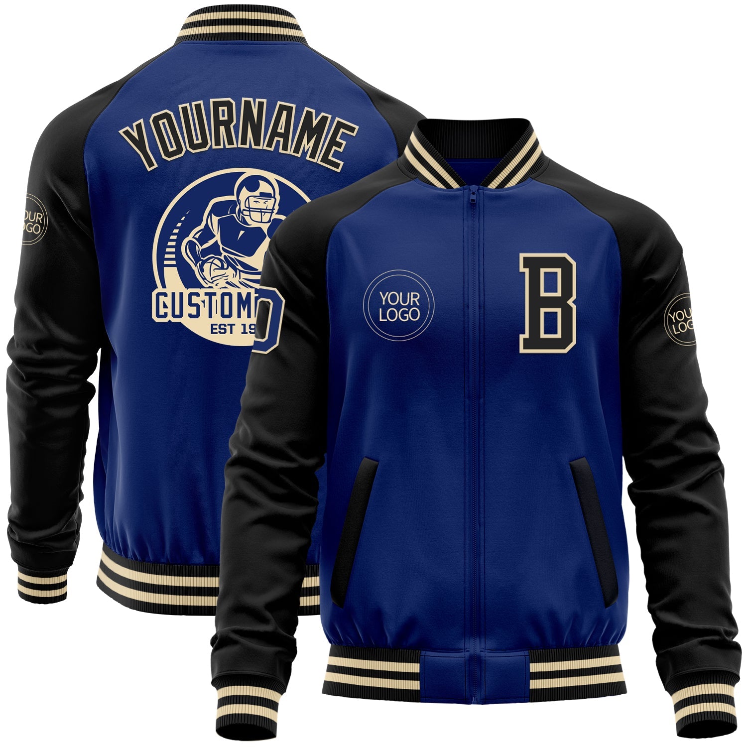 Custom Royal Black-Cream Bomber Varsity Letterman Two Tone Zipper Jacket - Main View