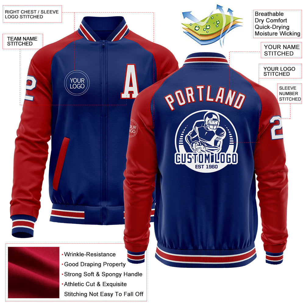 Custom Royal White-Red Bomber Varsity Letterman Two Tone Zipper Jacket view 4