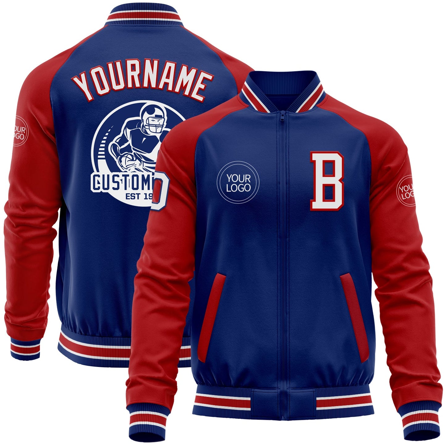 Custom Royal White-Red Bomber Varsity Letterman Two Tone Zipper Jacket - Main View
