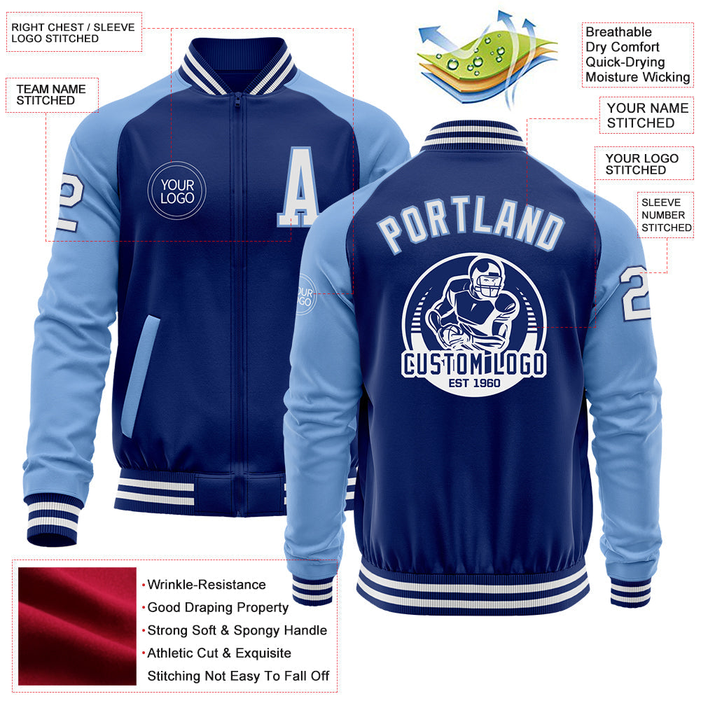 Custom Royal White-Light Blue Bomber Varsity Letterman Two Tone Zipper Jacket view 4