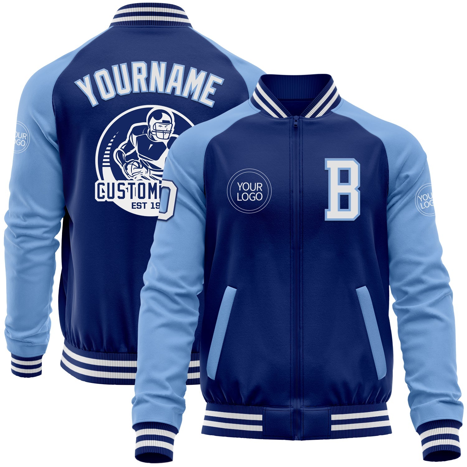Custom Royal White-Light Blue Bomber Varsity Letterman Two Tone Zipper Jacket - Main View
