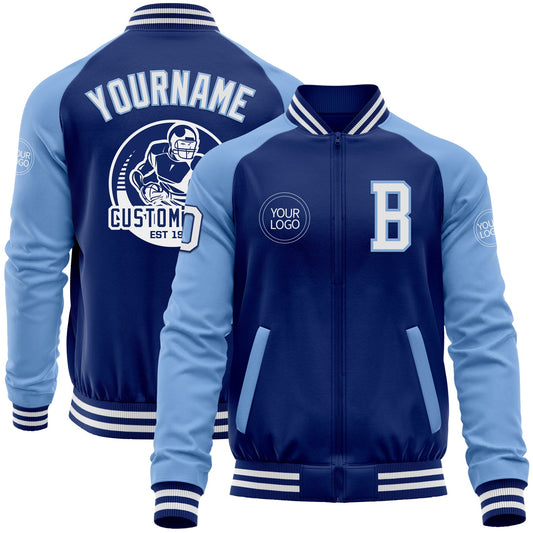 Custom Royal White-Light Blue Bomber Varsity Letterman Two Tone Zipper Jacket - Main View