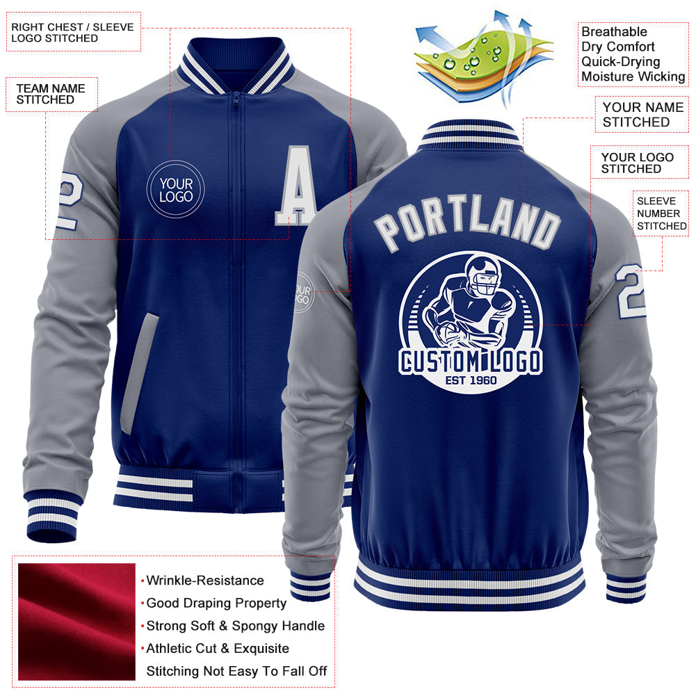 Custom Royal White-Gray Bomber Varsity Letterman Two Tone Zipper Jacket view 4