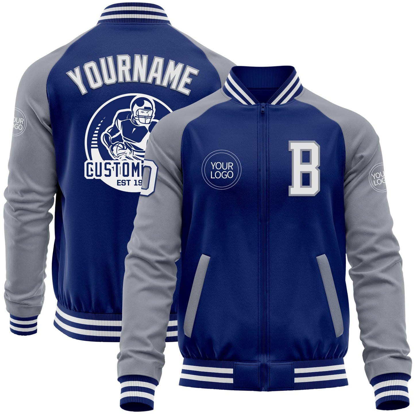 Custom Royal White-Gray Bomber Varsity Letterman Two Tone Zipper Jacket - Main View