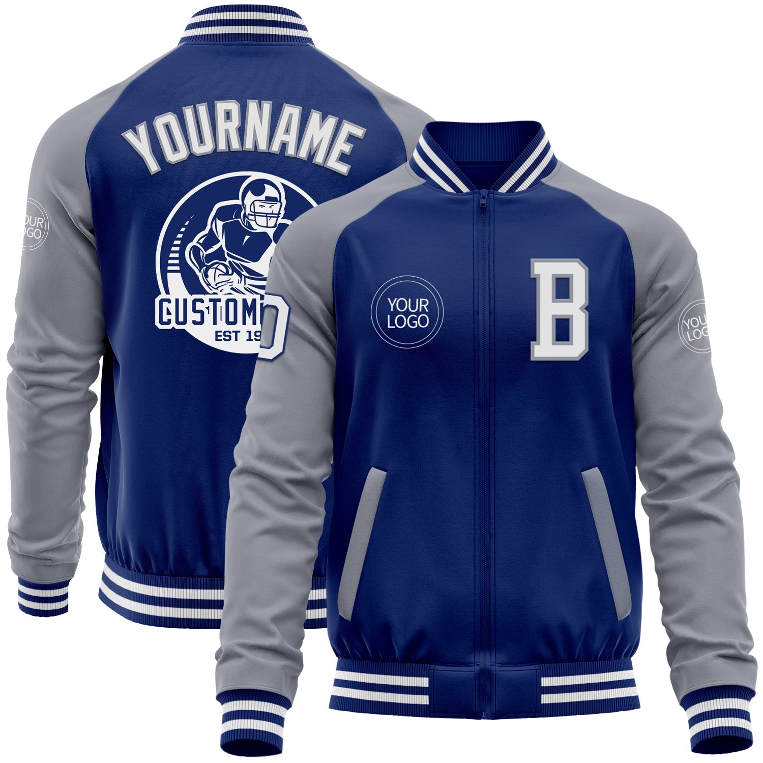 Custom Royal White-Gray Bomber Varsity Letterman Two Tone Zipper Jacket - Main View