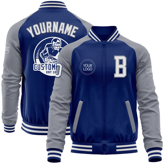 Custom Royal White-Gray Bomber Varsity Letterman Two Tone Zipper Jacket - Main View