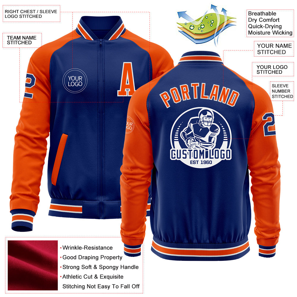 Custom Royal Orange-White Bomber Varsity Letterman Two Tone Zipper Jacket view 4