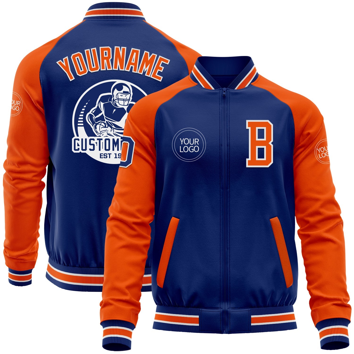 Custom Royal Orange-White Bomber Varsity Letterman Two Tone Zipper Jacket - Main View