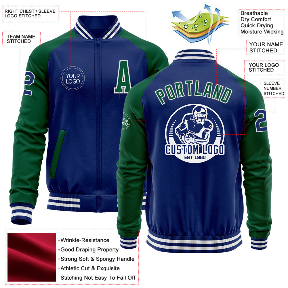 Custom Royal Kelly Green-White Bomber Varsity Letterman Two Tone Zipper Jacket view 4