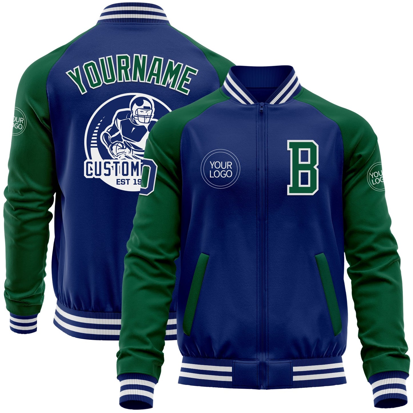 Custom Royal Kelly Green-White Bomber Varsity Letterman Two Tone Zipper Jacket - Main View