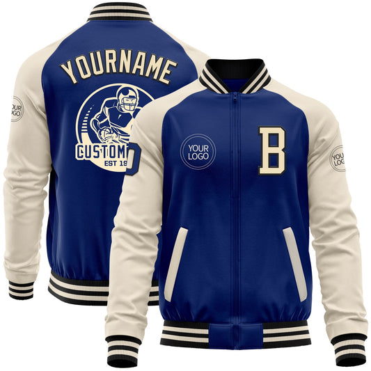 Custom Royal Cream-Black Bomber Varsity Letterman Two Tone Zipper Jacket - Main View