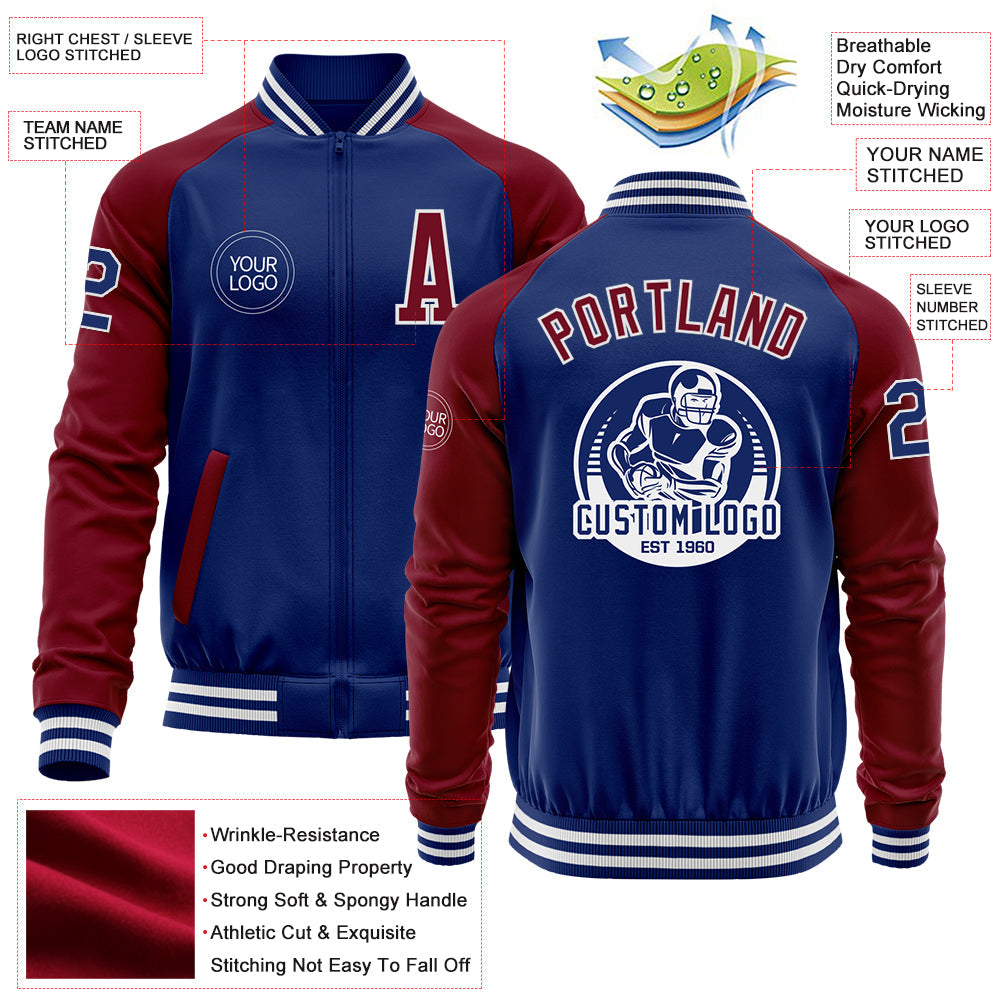 Custom Royal Crimson-White Bomber Varsity Letterman Two Tone Zipper Jacket view 4
