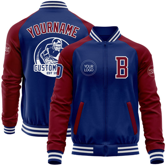 Custom Royal Crimson-White Bomber Varsity Letterman Two Tone Zipper Jacket - Main View
