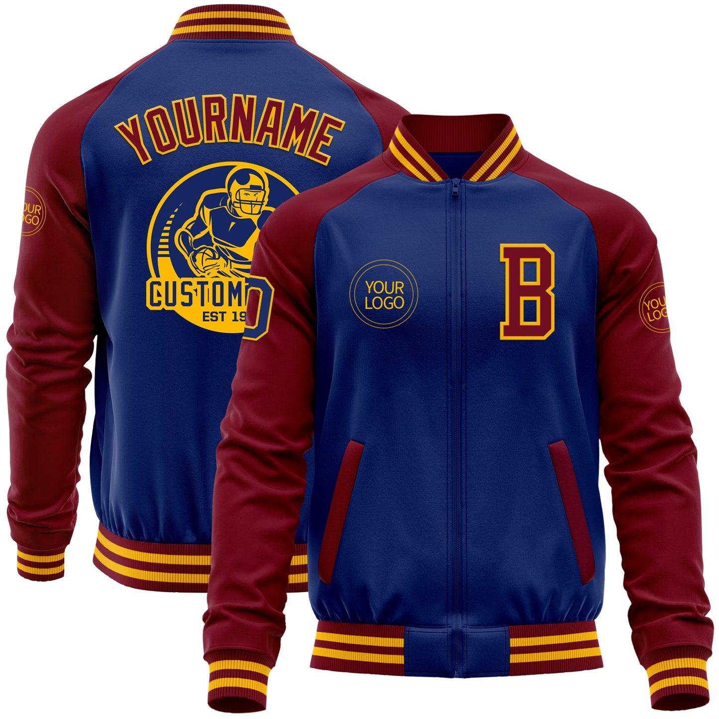 Custom Royal Crimson-Gold Bomber Varsity Letterman Two Tone Zipper Jacket - Main View
