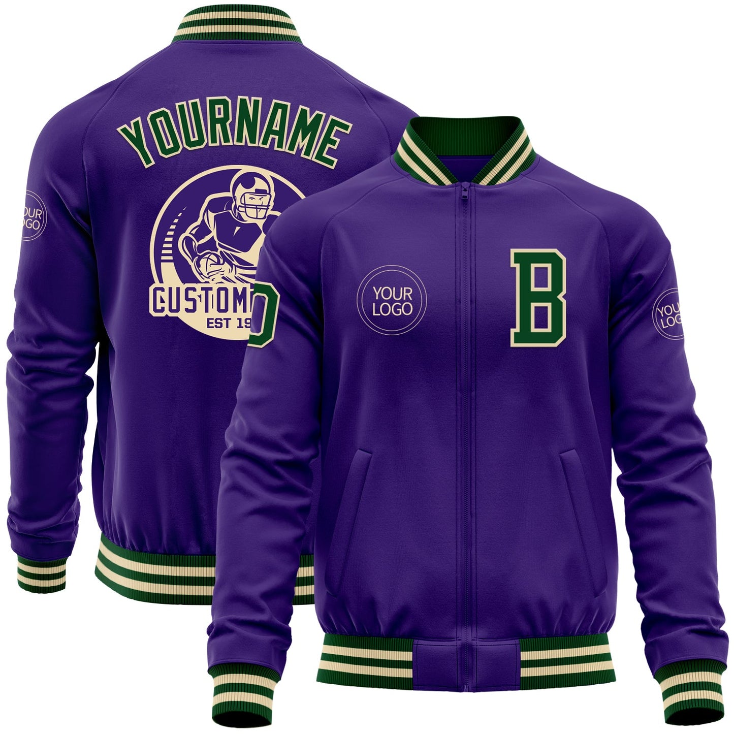 Custom Purple Green-Cream Bomber Varsity Letterman Zipper Jacket - Main View