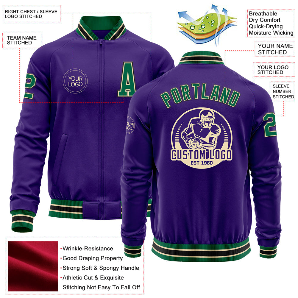 Custom Purple Kelly Green Cream-Black Bomber Varsity Letterman Zipper Jacket view 4