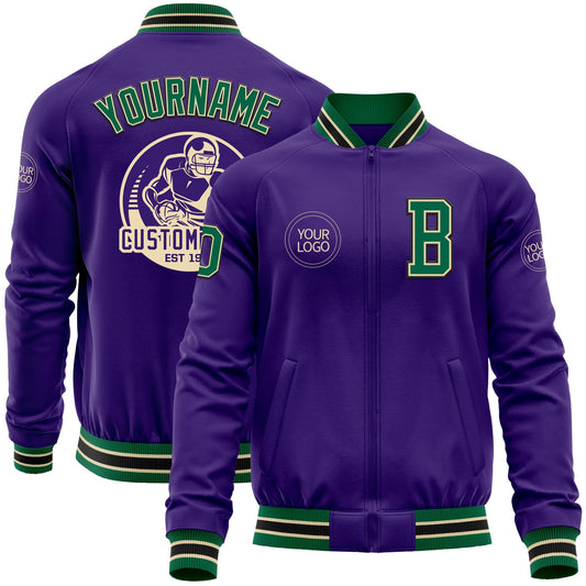 Custom Purple Kelly Green Cream-Black Bomber Varsity Letterman Zipper Jacket - Main View