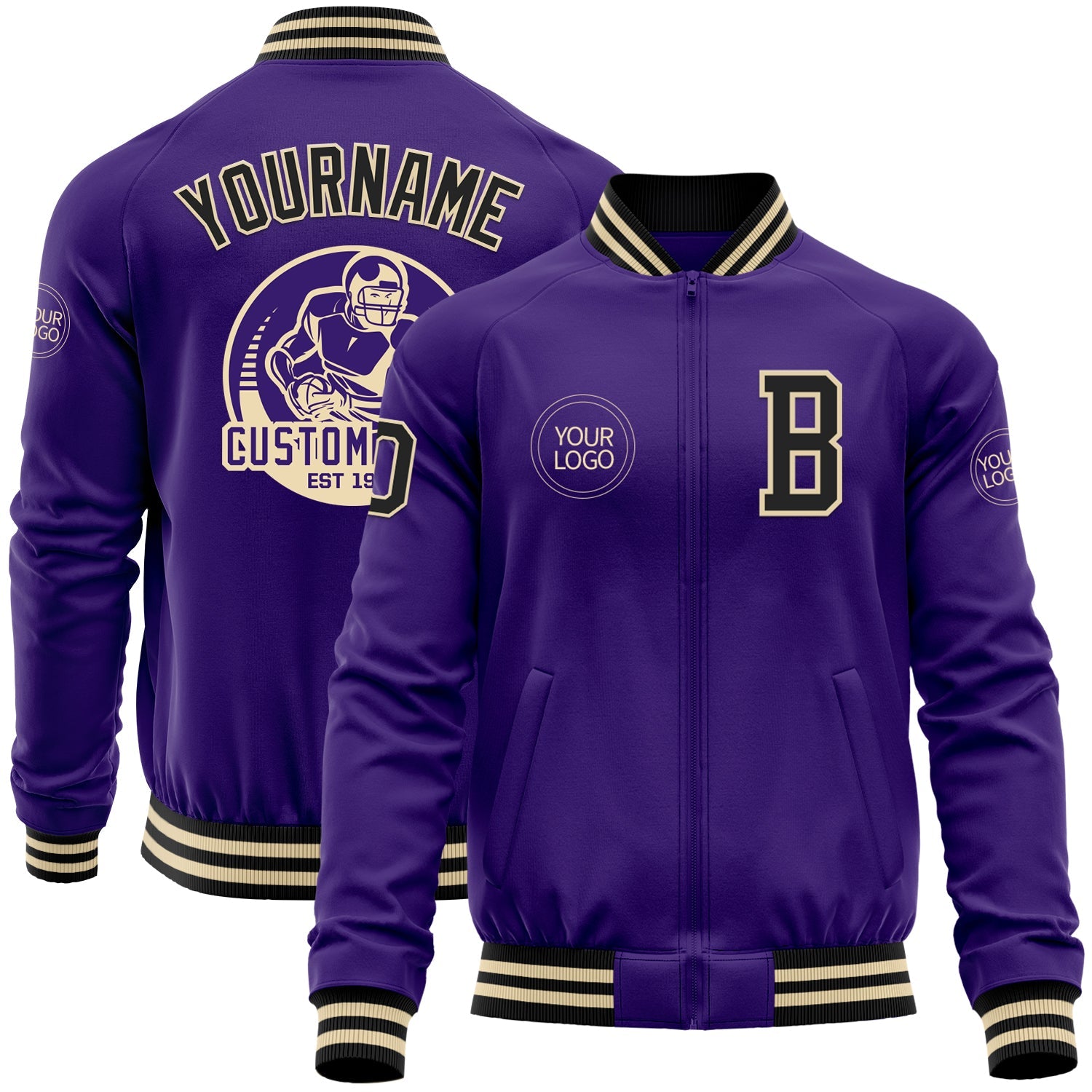 Custom Purple Black-Cream Bomber Varsity Letterman Zipper Jacket - Main View