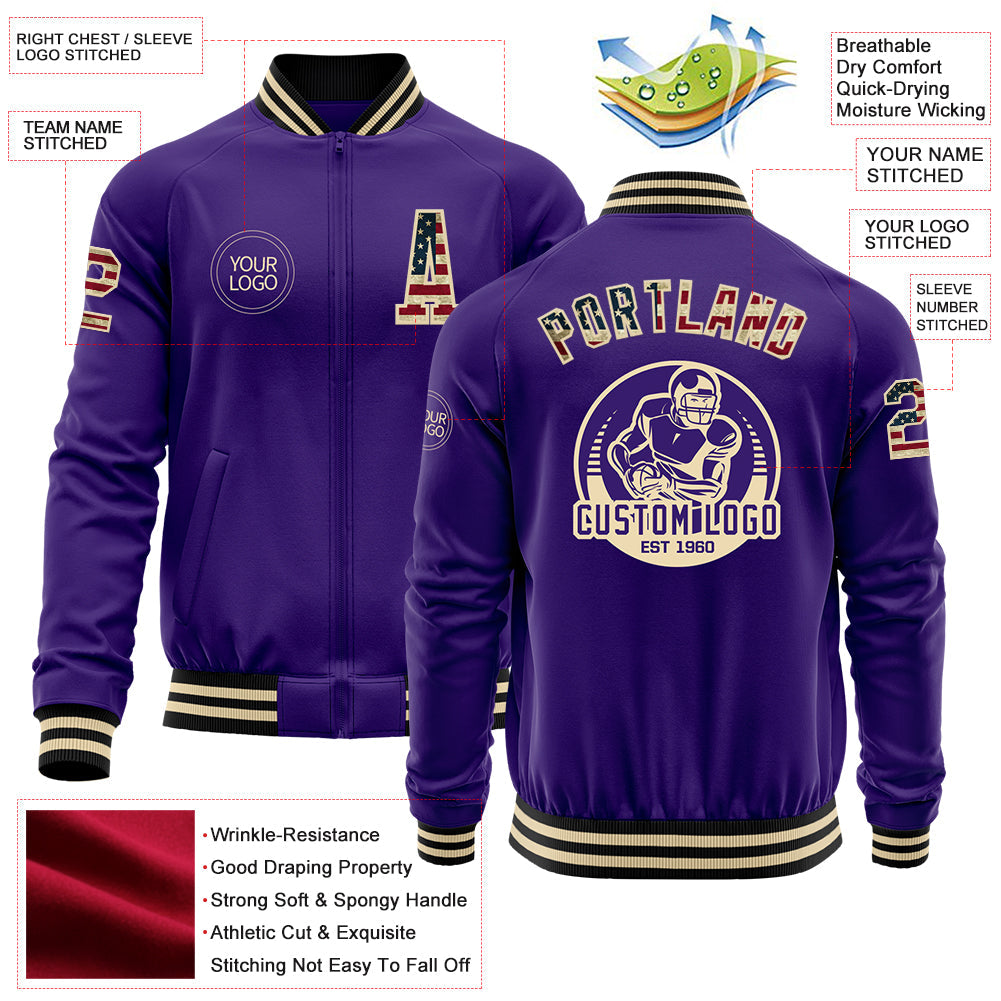 Custom Purple Vintage USA Flag Cream-Black Bomber Varsity Letterman Zipper Jacket view 4