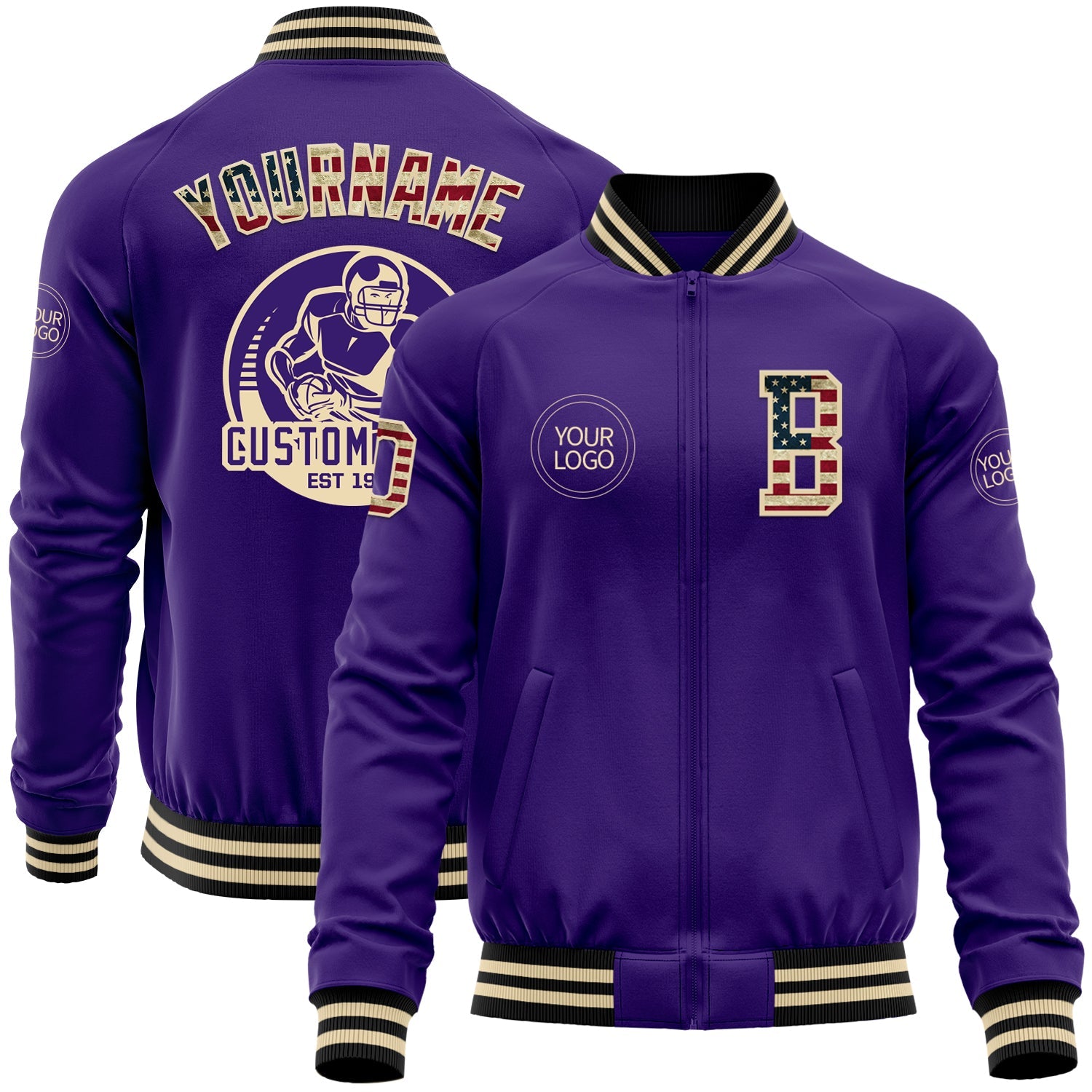Custom Purple Vintage USA Flag Cream-Black Bomber Varsity Letterman Zipper Jacket - Main View