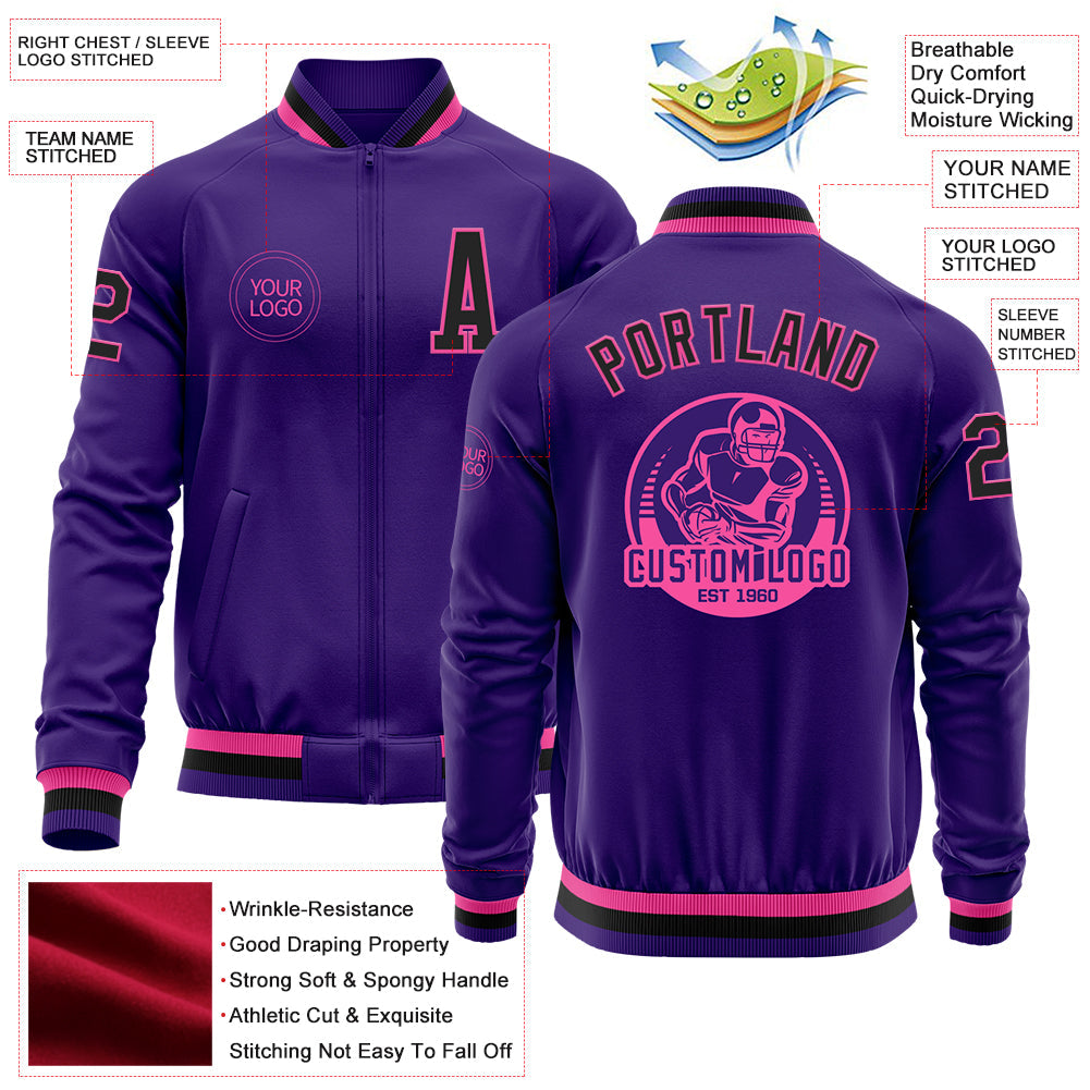 Custom Purple Black-Pink Bomber Varsity Letterman Zipper Jacket view 4
