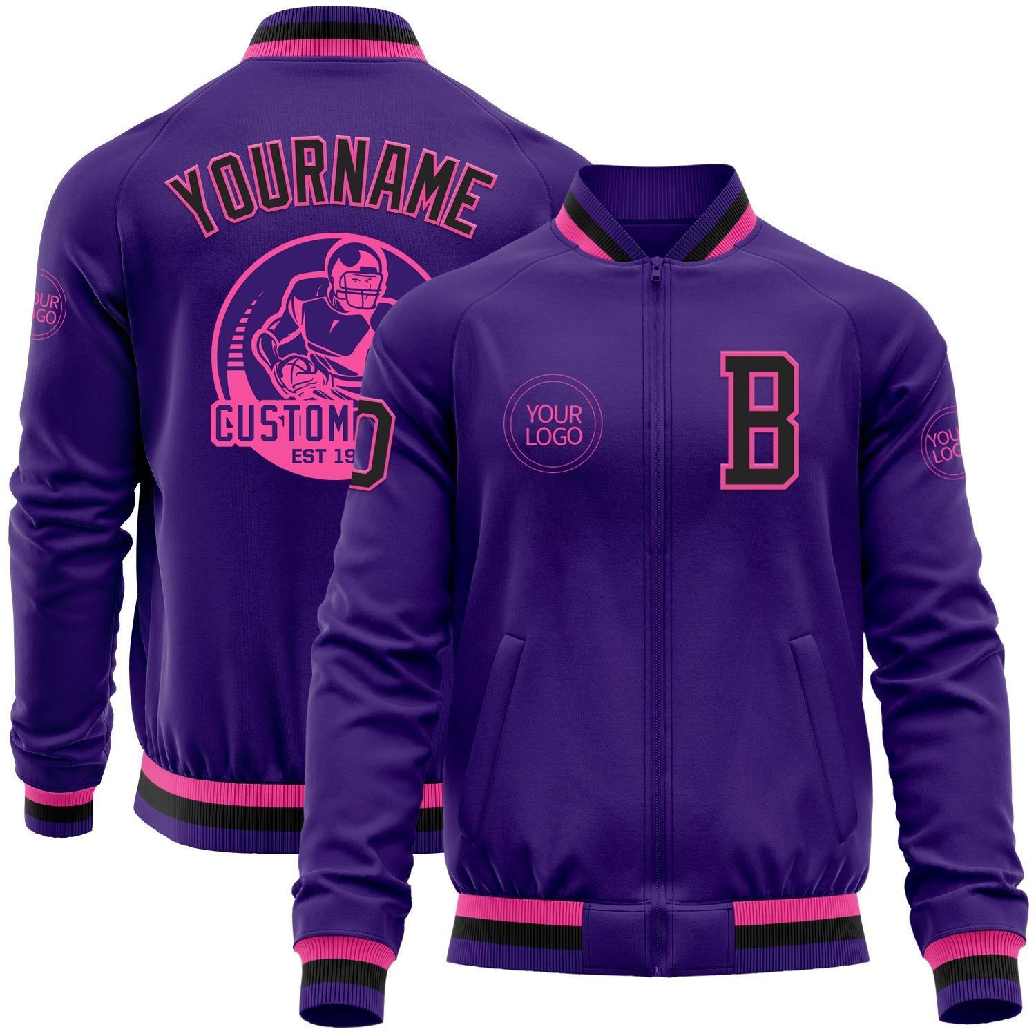Custom Purple Black-Pink Bomber Varsity Letterman Zipper Jacket - Main View