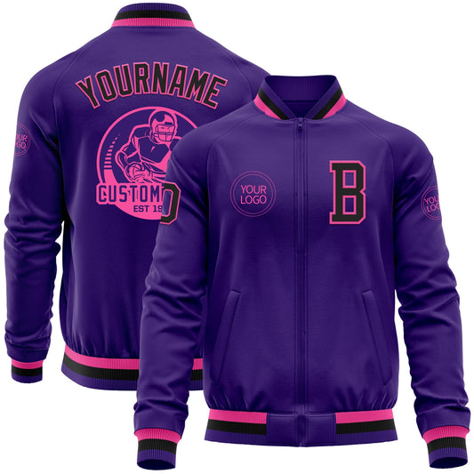 Custom Purple Black-Pink Bomber Varsity Letterman Zipper Jacket - Main View