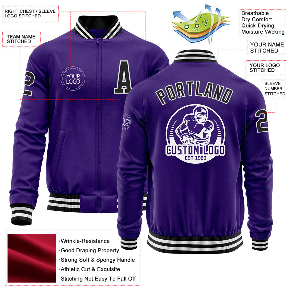 Custom Purple Black-White Bomber Varsity Letterman Zipper Jacket view 4