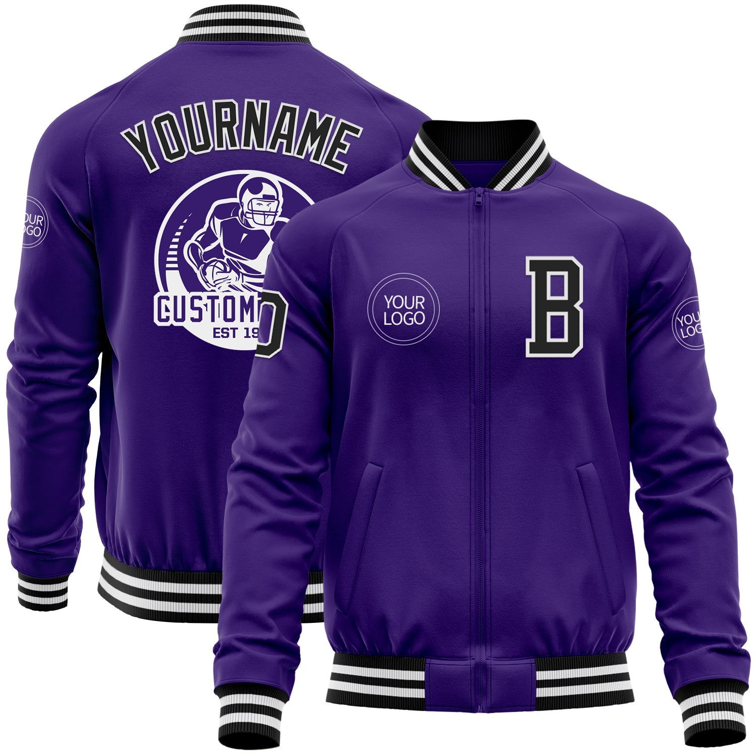 Custom Purple Black-White Bomber Varsity Letterman Zipper Jacket - Main View