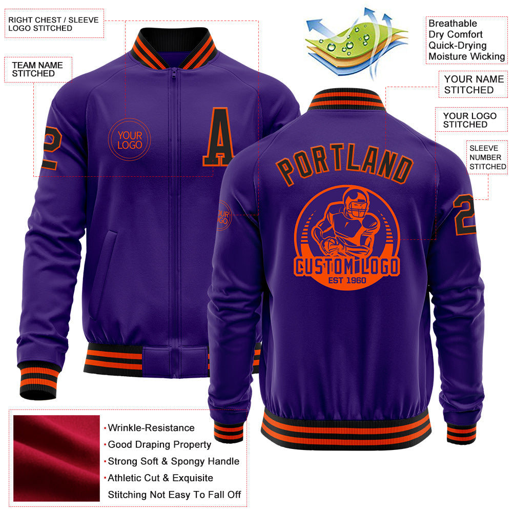 Custom Purple Black-Orange Bomber Varsity Letterman Zipper Jacket view 4
