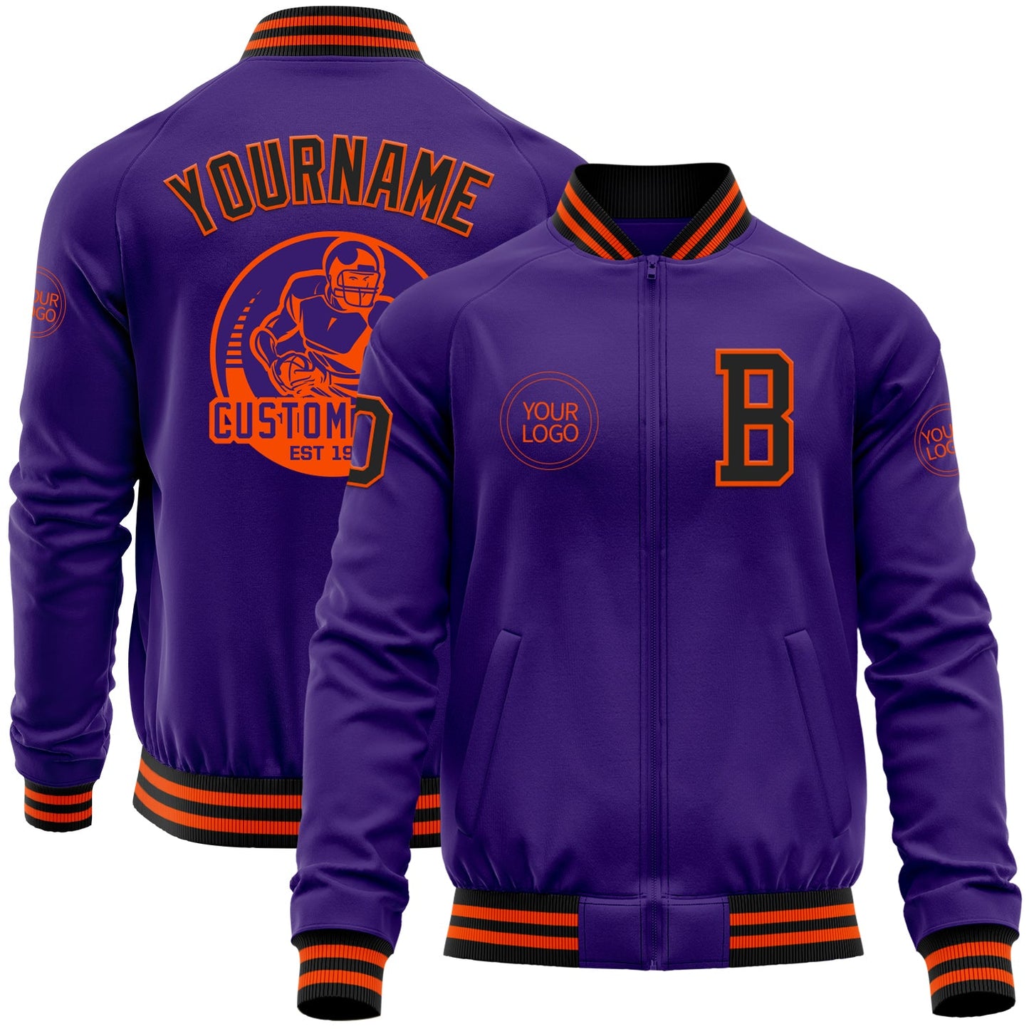 Custom Purple Black-Orange Bomber Varsity Letterman Zipper Jacket - Main View