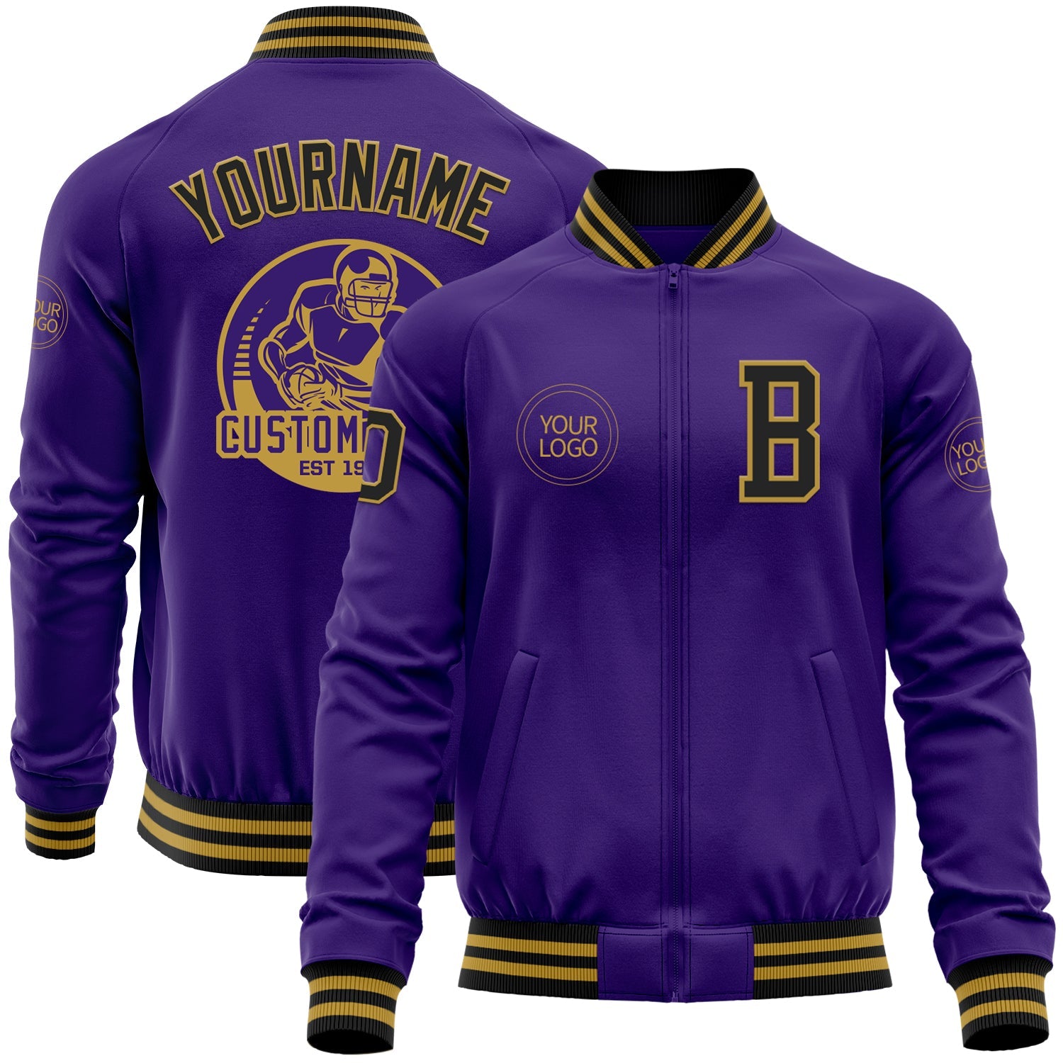 Custom Purple Black-Old Gold Bomber Varsity Letterman Zipper Jacket - Main View