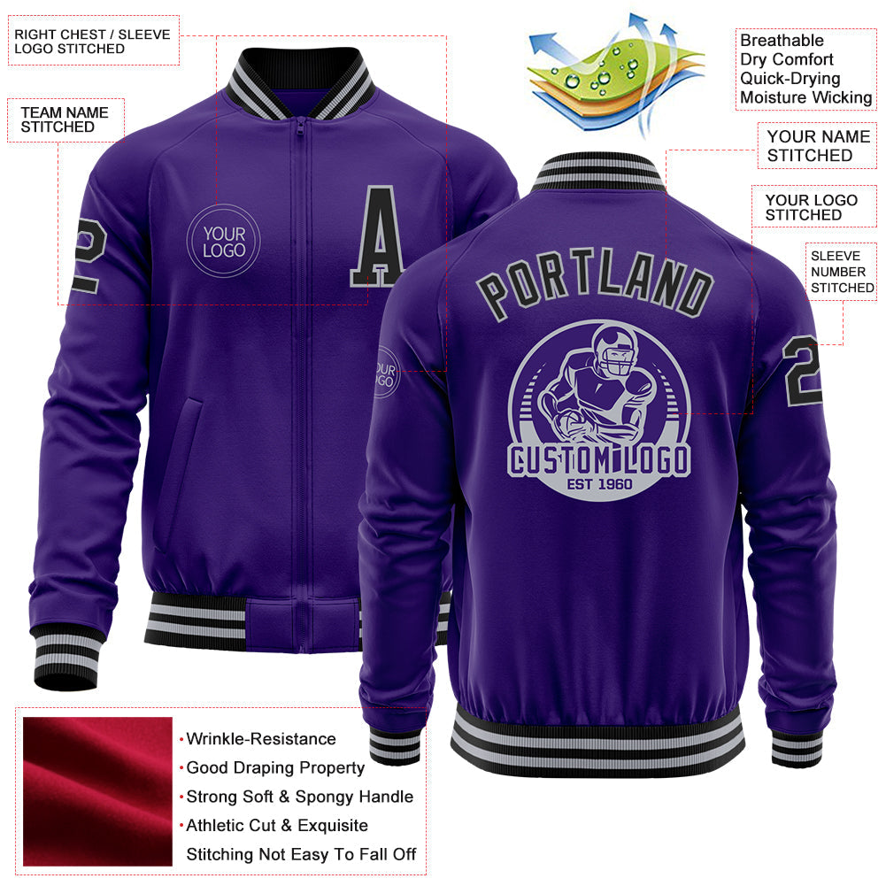 Custom Purple Black-Gray Bomber Varsity Letterman Zipper Jacket view 4