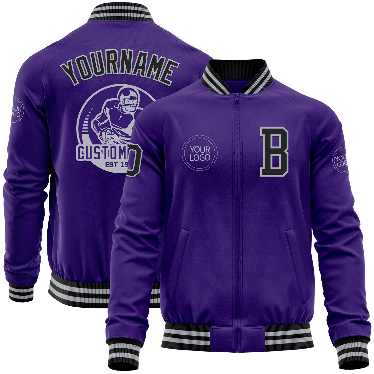 Custom Purple Black-Gray Bomber Varsity Letterman Zipper Jacket - Main View