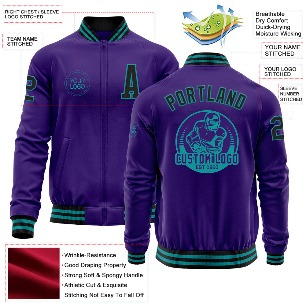 Custom Purple Black-Teal Bomber Varsity Letterman Zipper Jacket view 4